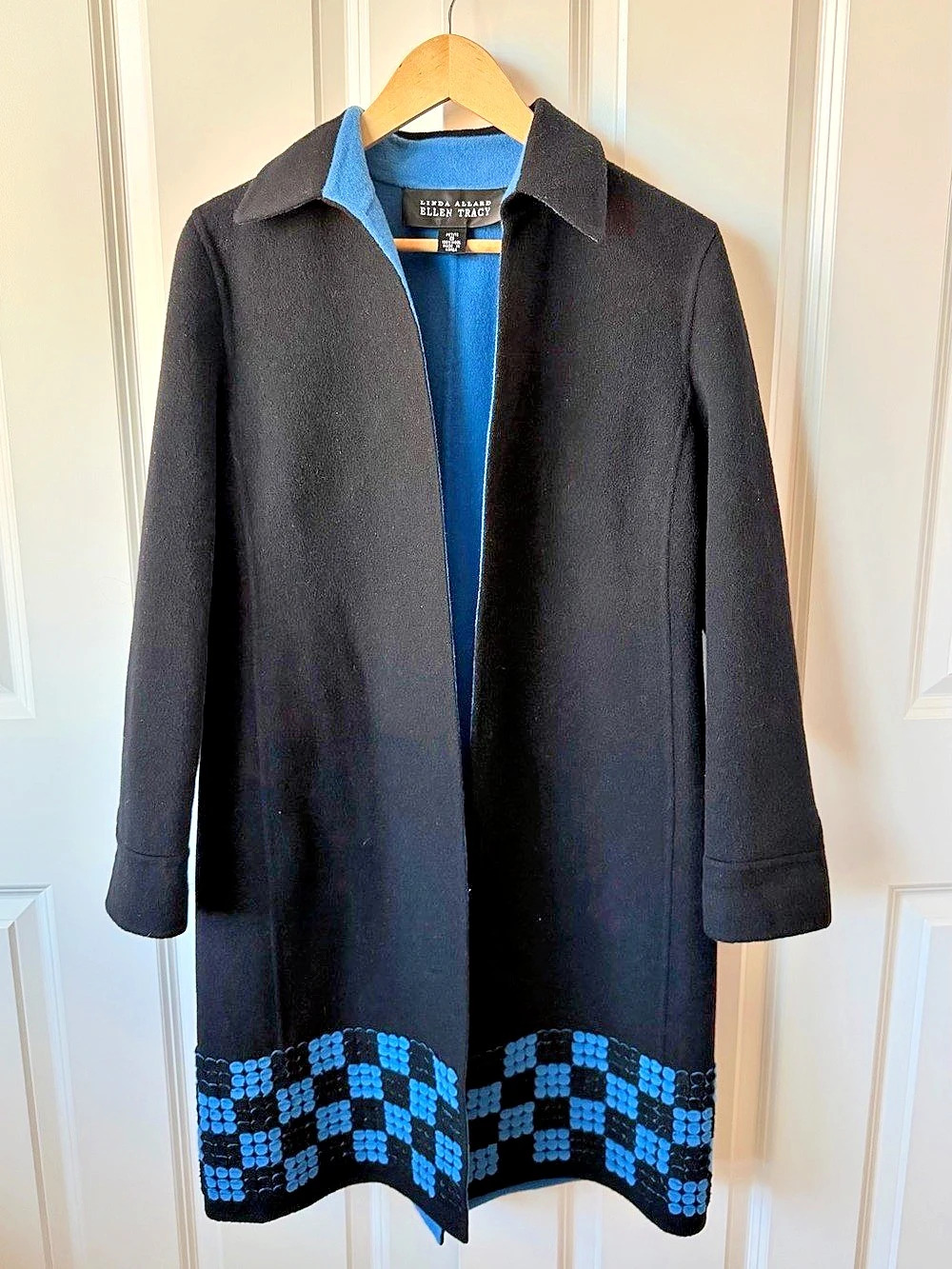 Linda Allard Ellen Tracy Petite 8 Wool Coat Black Blue Geometric Hem